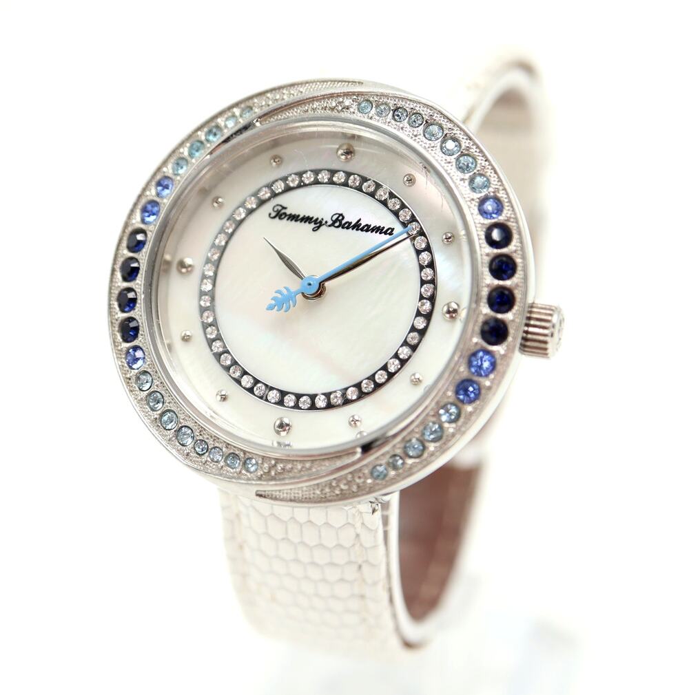 Tommy Bahama Silver Tone Blue Gem Set 35mm MOP Womens Watch Leather New Battery